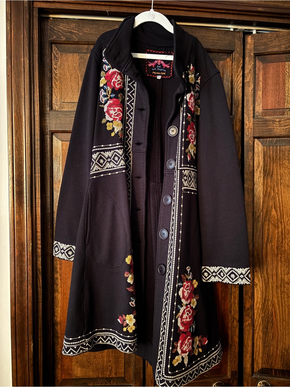 Johnny Was Los Angeles Black Embroidered Floral Long Button Jacket